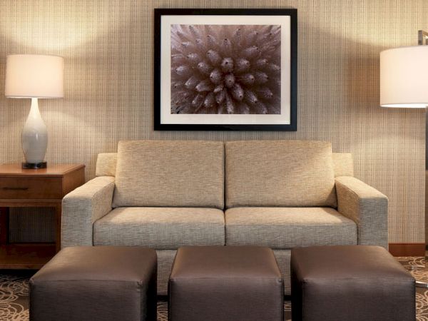 A cozy living room with a beige sofa, two matching lamps on wooden side tables, three brown ottomans, and a framed abstract flower print above the couch.