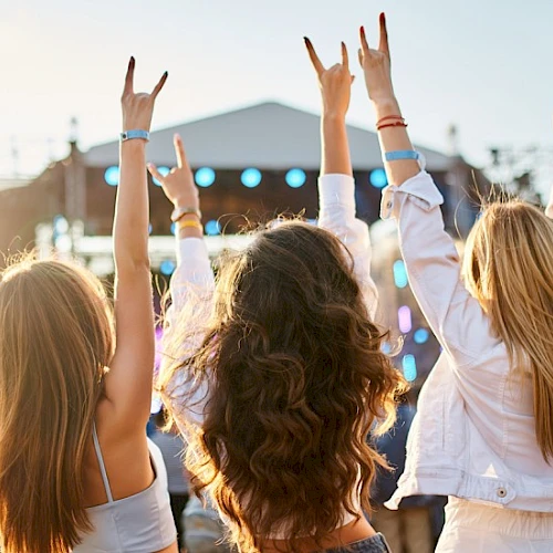 Five people at a concert with their hands in the air, cheering as a stage lights up in the background.