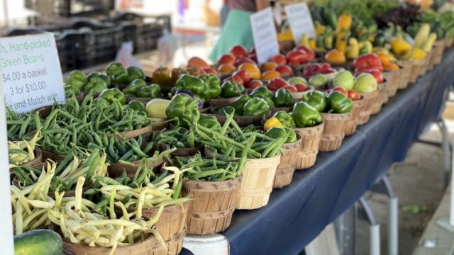 A market stall displays baskets of fresh garden greens and vegetables, neatly lined up on a blue-clothed table with signs and shoppers in the background.